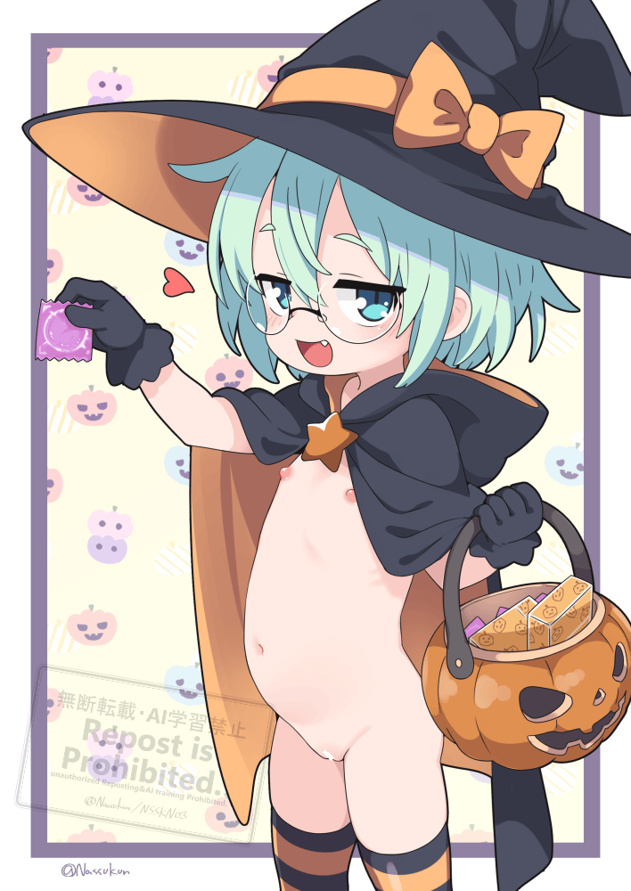 1girl artist_name bar_censor black_cloak black_gloves black_hat blue_eyes blue_hair bow bucket censored cloak condom condom_wrapper cowboy_shot fang flat_chest glasses gloves halloween halloween_bucket hand_up hat hat_bow heart holding holding_bucket holding_condom hood hood_down hooded_cloak jack-o&#039;-lantern loli looking_at_viewer nassukun navel nipples open_mouth orange_bow orange_thighhighs original paid_reward_available pussy rimless_eyewear short_hair signature smug solo striped_clothes striped_thighhighs thighhighs watermark webp-to-png_conversion witch_hat