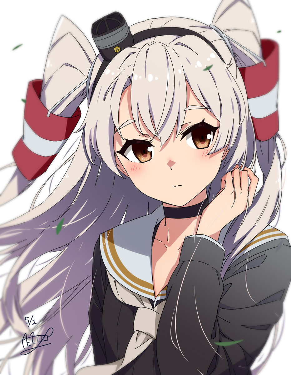 1girl amatsukaze_(kancolle) amatsukaze_kai_ni_(kancolle) black_dress brown_eyes commentary_request dress grey_hair grey_necktie hair_tubes hat highres kantai_collection long_hair looking_at_viewer mini_hat necktie necono_(nekonosora1207) one-hour_drawing_challenge parted_lips sailor_collar sailor_dress simple_background smokestack_hair_ornament solo two_side_up white_background white_sailor_collar