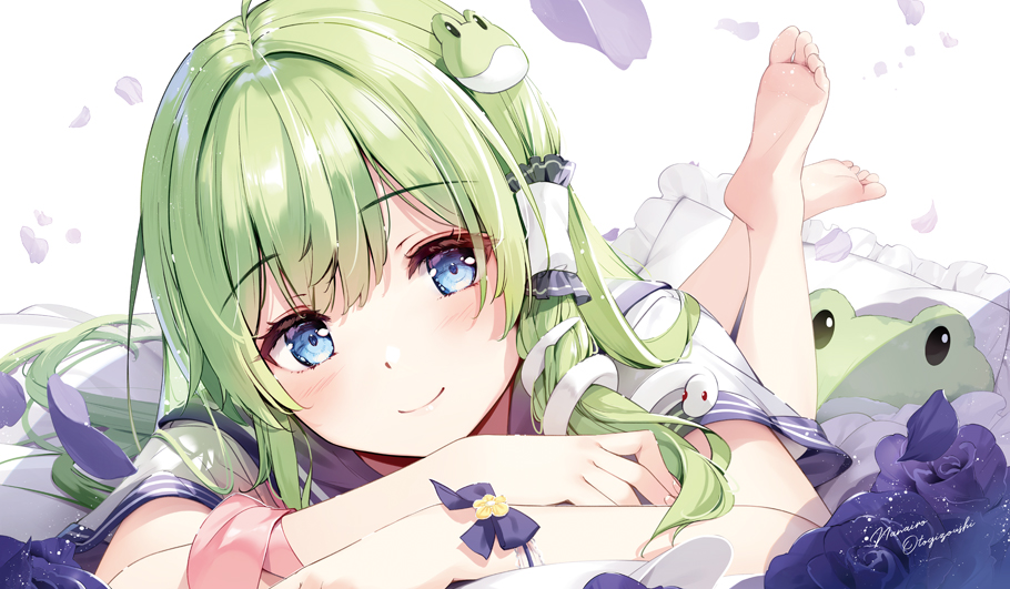 1girl barefoot blue_eyes blue_flower blush feet flower frilled_pillow frills frog frog_hair_ornament green_hair hair_ornament hair_tubes kochiya_sanae legs_up long_hair looking_at_viewer lying miyase_mahiro no_shoes on_stomach petals pillow rose_petals simple_background single_hair_tube smile snake snake_hair_ornament soles solo the_pose touhou white_background