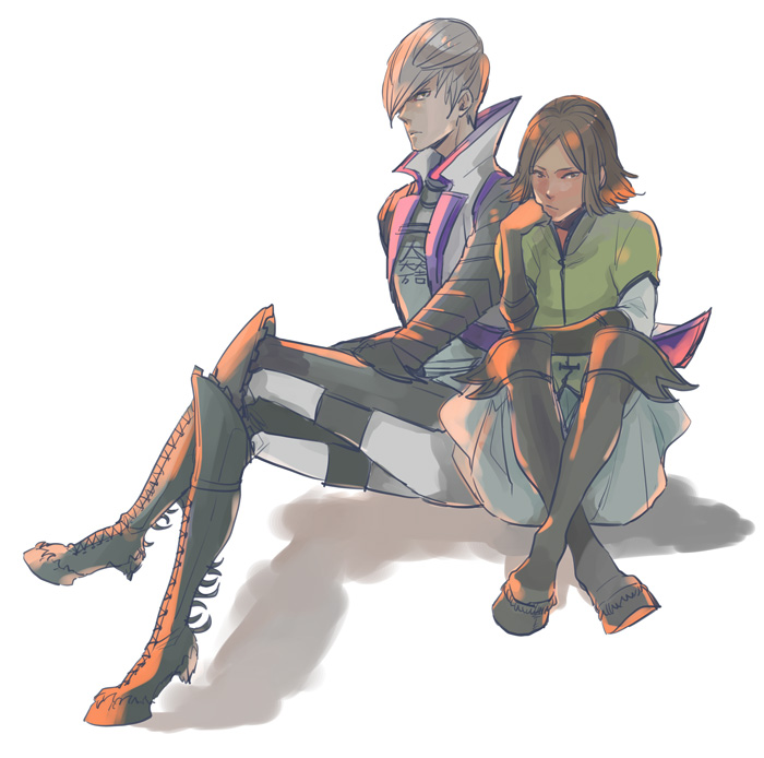 2boys armor boots brown_eyes brown_hair crossed_ankles crossed_legs elbow_gloves full_body gloves green_eyes green_shirt grey_hair hair_over_one_eye hand_on_own_chin head_rest hoof_shoes ishida_mitsunari_(sengoku_basara) japanese_armor jinbaori knee_boots looking_at_viewer male_focus mouri_motonari_(sengoku_basara) multiple_boys pants popped_collar sengoku_basara shirt short_hair simple_background sitting white_background white_pants yona_(waiko)