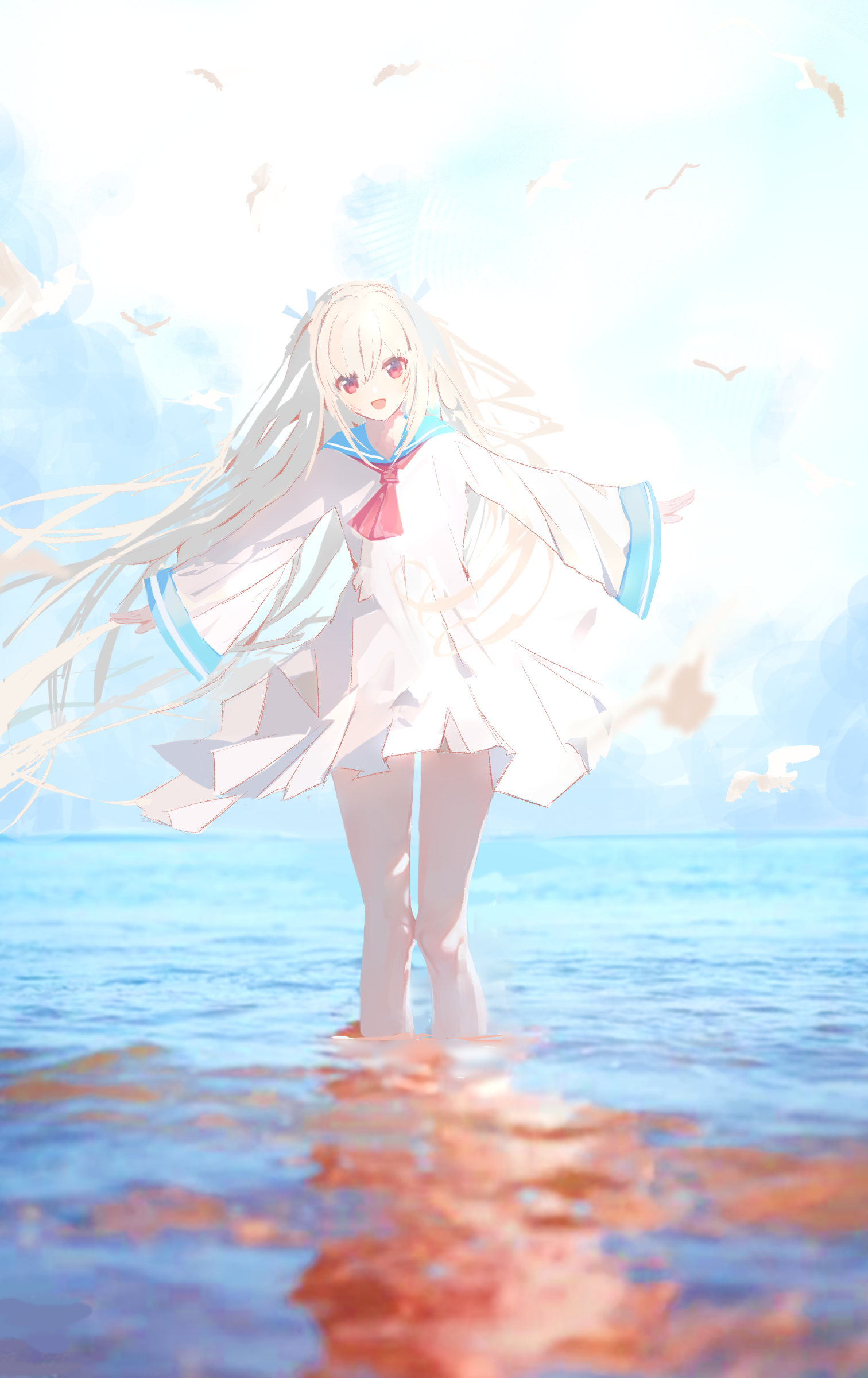1girl absurdres atri atri-my_dear_moments- bird blue_sky cloud day dress hachibunsaki highres horizon long_hair long_sleeves ocean reflection reflective_water sailor_dress sky soaking_feet solo white_dress wide_sleeves