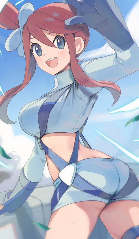 1girl :d ass blue_eyes blue_gloves blue_jacket blue_shorts breasts butt_crack cloud commentary_request crop_top day eyelashes gloves hair_between_eyes hair_ornament happy jacket mxkjxm_(nhss2337) nintendo one_side_up open_mouth outdoors pokemon pokemon_bw red_hair short_shorts shorts sidelocks sky skyla_(pokemon) smile solo teeth thigh_strap tongue upper_teeth_only