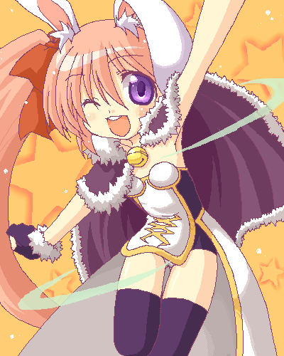 1girl 2000s_(style) :d animal_ear_fluff animal_ears arm_up armpits bell black_dress black_gloves black_thighhighs blush bow brown_cape cape commentary_request dress feet_out_of_frame flat_chest fur-trimmed_cape fur-trimmed_gloves fur_trim gloves hair_bow high_side_ponytail high_wizard_(ragnarok_online) jingle_bell layered_dress long_hair looking_at_viewer lowres neck_bell oekaki open_mouth orange_background pink_hair purple_eyes rabbit_ears rabbit_girl ragnarok_online red_bow shirokuro_(lapinnoir) smile solo star_(symbol) strapless strapless_dress teeth thighhighs two-tone_dress upper_teeth_only very_long_hair white_dress