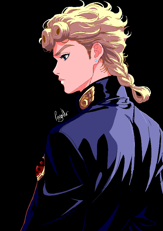 1boy artist_name black_background blonde_hair blue_jacket braid closed_mouth commentary earrings english_commentary from_behind giorno_giovanna jacket jewelry jojo_no_kimyou_na_bouken long_sleeves male_focus pongldr short_hair signature simple_background solo stud_earrings vento_aureo