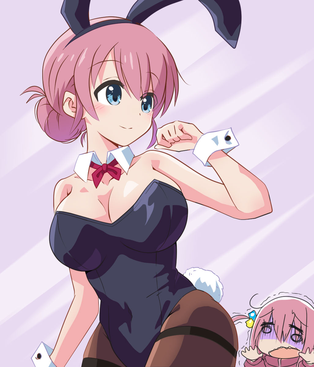 2girls animal_ears black_leotard blue_eyes bocchi_the_rock! bow bowtie breasts brown_pantyhose detached_collar fake_animal_ears gotoh_hitori gotoh_michiyo hair_bun highres large_breasts leotard long_hair looking_back mature_female mother_and_daughter multiple_girls n88_colpla pantyhose pink_hair playboy_bunny rabbit_ears rabbit_tail red_bow red_bowtie solo_focus strapless strapless_leotard tail thighband_pantyhose wrist_cuffs