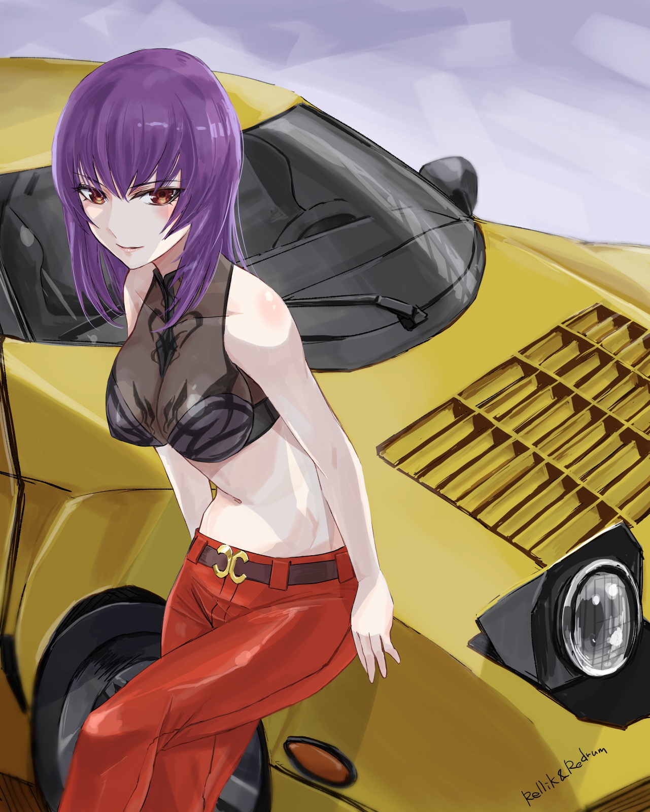 1girl artist_name belt black_shirt brown_belt brown_eyes cropped_shirt grey_background highres jun_(rellik_&amp;_redrum) kouzuki_yuuko lancia_(brand) lancia_stratos looking_to_the_side midriff muv-luv muv-luv_alternative muv-luv_alternative_(anime) navel pants red_pants shirt sitting sleeveless sleeveless_shirt solo