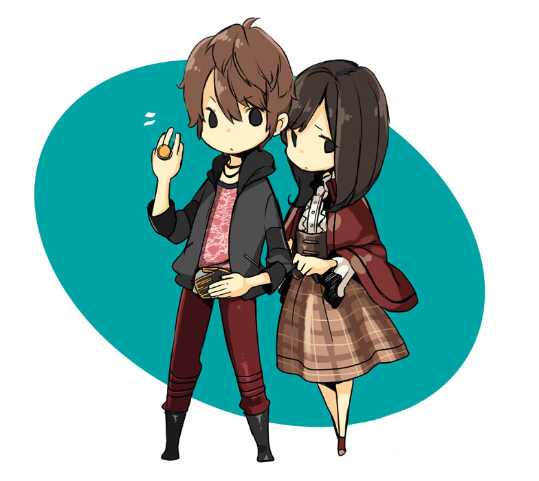 1boy 1girl belt black_hair brown_hair capelet chiko_(mizuho) dress jewelry kamen_rider kamen_rider_wizard_(series) koyomi_(kamen_rider_wizard) long_hair pants plaid_clothes plaid_skirt red_pants ring skirt souma_haruto
