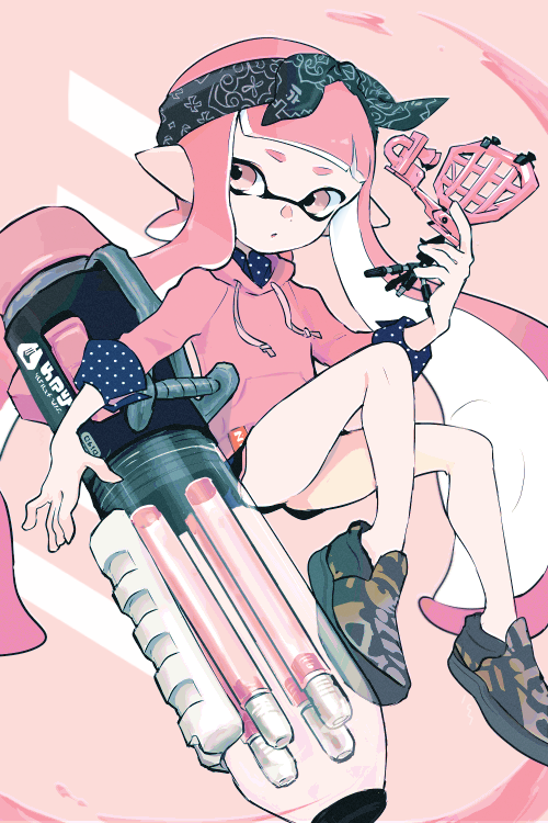 1girl ballpoint_splatling_(splatoon) bandana black_bandana black_shorts commentary drawstring hood hood_down hoodie imaikuy0 inkling inkling_girl inkling_player_character long_hair nintendo pink_eyes pink_hair pink_hoodie pointy_ears shoes short_eyebrows shorts three-quarter_sleeves solo splatoon_(series) squid_beakon_(splatoon) symbol-only_commentary tentacle_hair very_long_hair