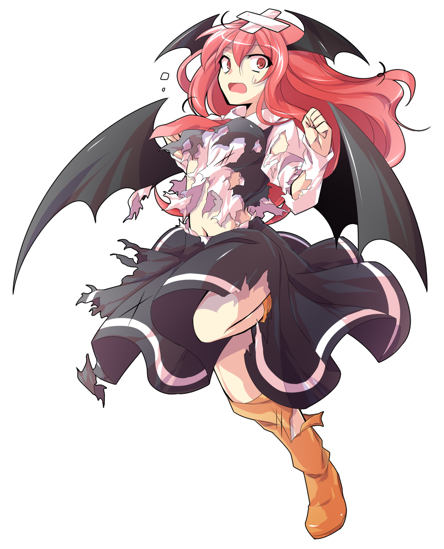 1girl alphes_(style) bandage_on_hair bat_wings black_dress black_vest black_wings boots breasts collared_shirt commentary_request dairi dress full_body head_wings koakuma large_variant_set leg_up long_hair long_sleeves looking_at_viewer medium_breasts midriff necktie open_mouth orange_boots parody red_eyes red_hair red_necktie shirt solo style_parody torn_boots torn_clothes torn_dress torn_shirt torn_sleeves torn_vest touhou transparent_background variant_set vest white_shirt wings