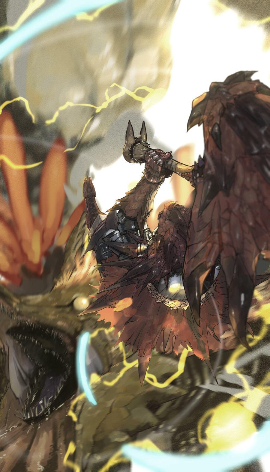 armor battle dragon elder_dragon electricity fangs full_armor gauntlets hammer highres holding holding_weapon monster_hunter_(series) monster_hunter_rise motion_blur neko_no_kedama nested_mouths rathalos_(armor) thunder_serpent_narwa weapon