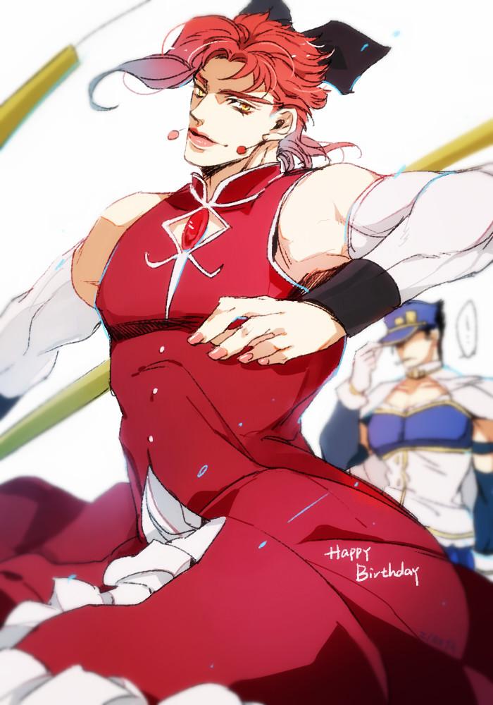 2boys adjusting_clothes adjusting_headwear blurry bow cape chest_jewel cigarette color_connection cosplay crossdressing depth_of_field detached_sleeves gakuran gloves hair_bow hat hatoyama_itsuru holding holding_staff jojo_no_kimyou_na_bouken kakyoin_noriaki kuujou_joutarou magical_girl mahou_shoujo_madoka_magica mahou_shoujo_madoka_magica_(anime) miki_sayaka miki_sayaka_(cosplay) miki_sayaka_(magical_girl) multiple_boys red_hair sakura_kyoko sakura_kyoko_(cosplay) sakura_kyoko_(magical_girl) school_uniform staff stardust_crusaders yellow_eyes