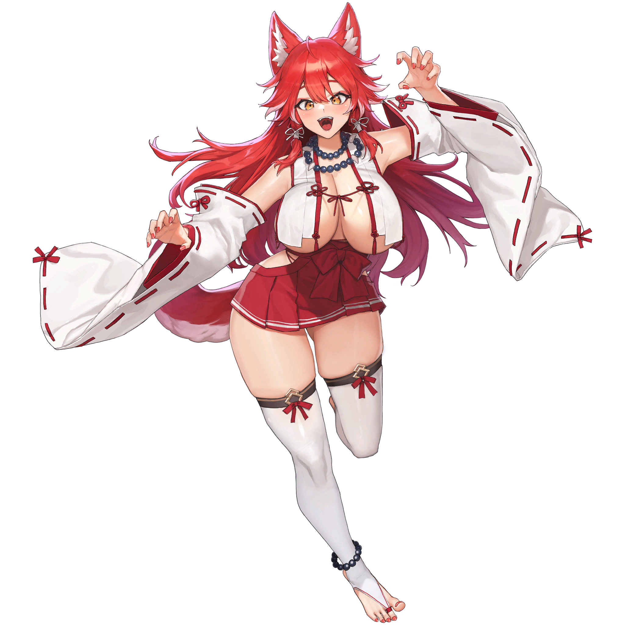 1girl ahoge animal_ear_fluff animal_ears anklet armpit_peek bare_shoulders bead_necklace beads breasts claw_pose cleavage detached_sleeves eyeliner fangs fenrir_(last_origin) highres hip_vent huge_breasts japanese_clothes jewelry large_breasts last_origin long_hair long_sleeves looking_at_viewer makeup miko nail_polish necklace no_bra nontraditional_miko official_alternate_costume official_art open_mouth over-kneehighs pleated_skirt red_eyeliner red_hair red_nails red_ribbon red_skirt ribbon simple_background skindentation skirt standing tachi-e tail thick_thighs thighhighs thighs tooth_necklace transparent_background tunamayo_(dsasd751) wolf_ears wolf_girl wolf_tail yellow_eyes