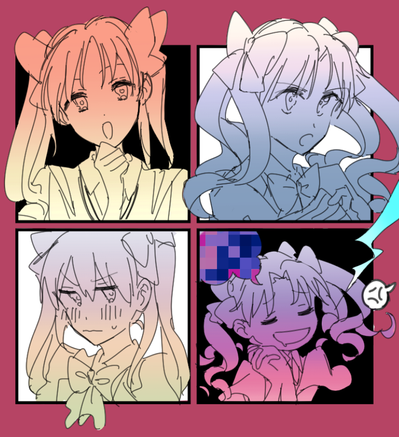 1girl 4koma armband blush censored closed_eyes comic drooling electricity hair_ornament hair_ribbon hand_on_own_chin imagining long_hair looking_at_viewer nmdsk open_mouth own_hands_together ribbon school_uniform shirai_kuroko simple_background solo toaru_kagaku_no_railgun toaru_majutsu_no_index tokiwadai_school_uniform twintails