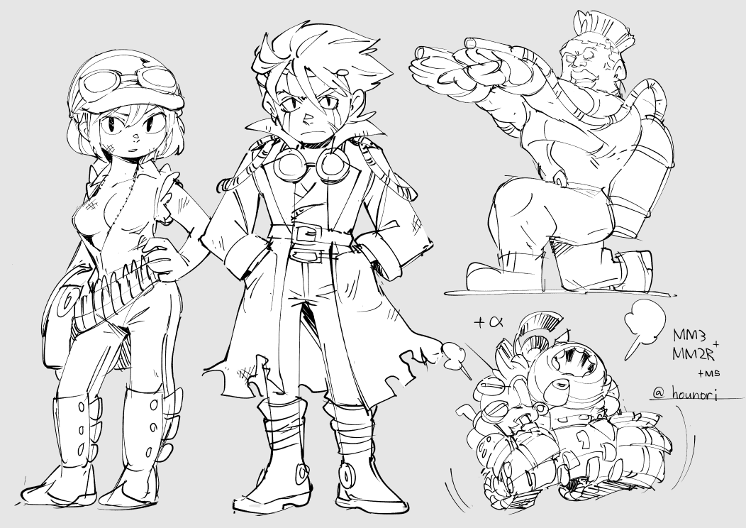 1girl 2boys breasts cleavage closed_mouth full_body goggles greyscale hat helmet hounori hunter_(metal_max) looking_at_viewer medium_breasts metal_max metal_max_3 monochrome multiple_boys short_hair simple_background
