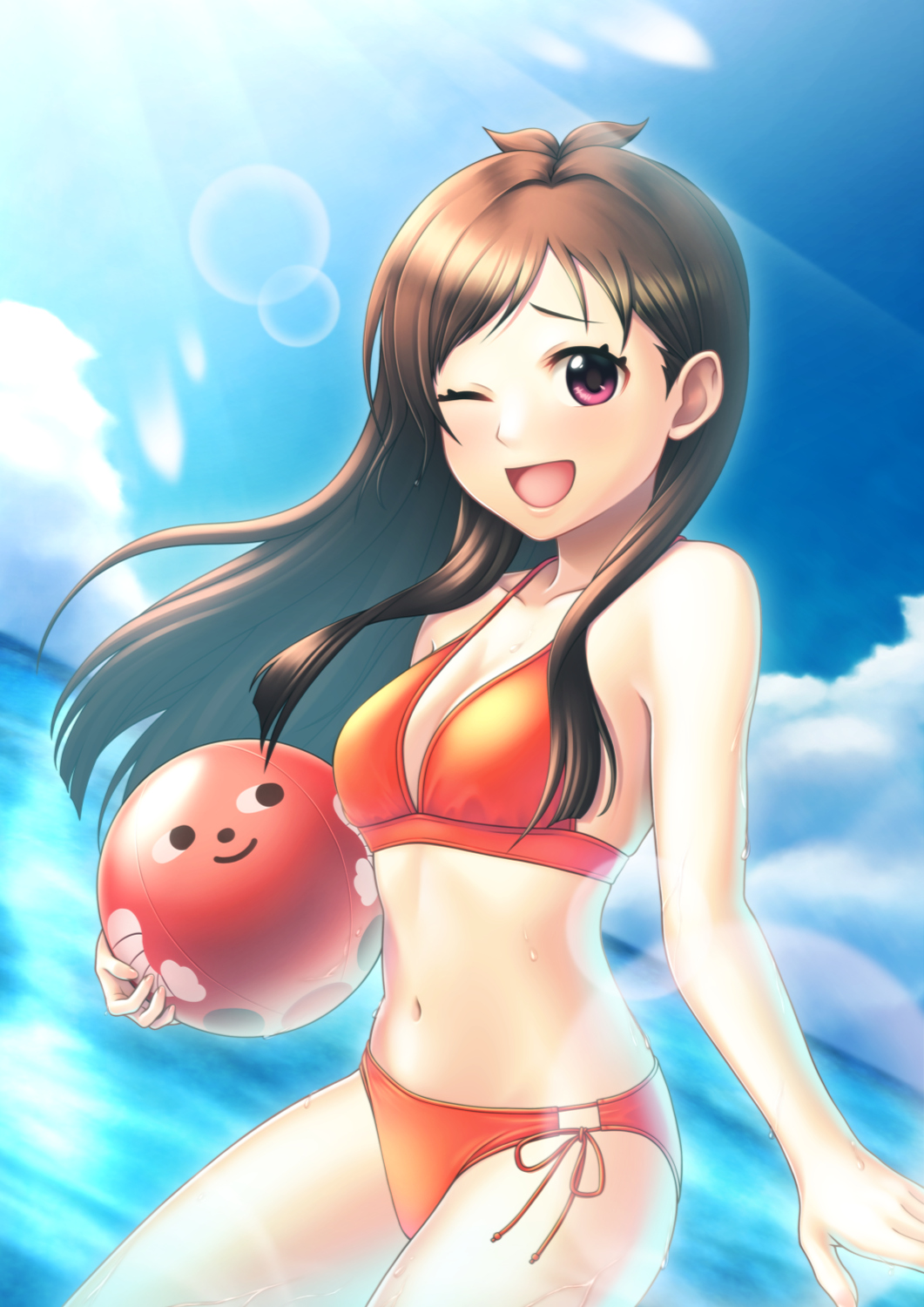 1girl ball bikini blue_sky breasts brown_hair cloud day dutch_angle highres idolmaster idolmaster_cinderella_girls long_hair looking_at_viewer medium_breasts one_eye_closed open_mouth orange_bikini outdoors red_eyes side-tie_bikini_bottom sky smile solo swimsuit taba_neruko tsujino_akari