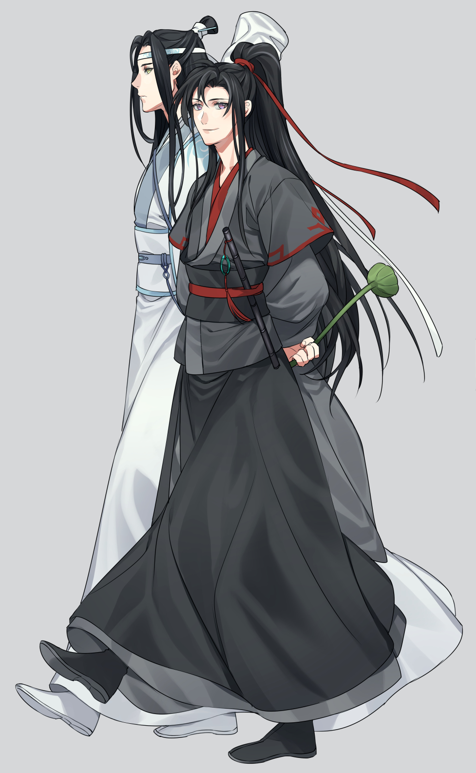 2boys arms_behind_back black_hair black_hanfu chinese_clothes flute full_body grey_background hair_ribbon hanfu headband height_difference high_ponytail highres holding holding_plant instrument lan_wangji long_hair long_sleeves looking_at_viewer lotus_pod male_focus modao_zushi multiple_boys plant ponytail purple_eyes ran_kisaragi red_ribbon ribbon robe sash sidelocks simple_background smile standing tassel topknot very_long_hair wei_wuxian white_hanfu white_headband wide_sleeves xiao_guan_(headdress) yaoi yellow_eyes