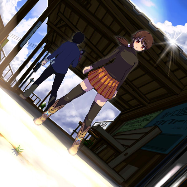 1boy 1girl black_thighhighs boots brown_eyes brown_hair cloud dutch_angle famicom_tantei_club long_hair maruwa_tarou miniskirt nintendo outdoors plaid_clothes plaid_skirt pleated_skirt ponytail skirt sky tachibana_ayumi thighhighs zettai_ryouiki