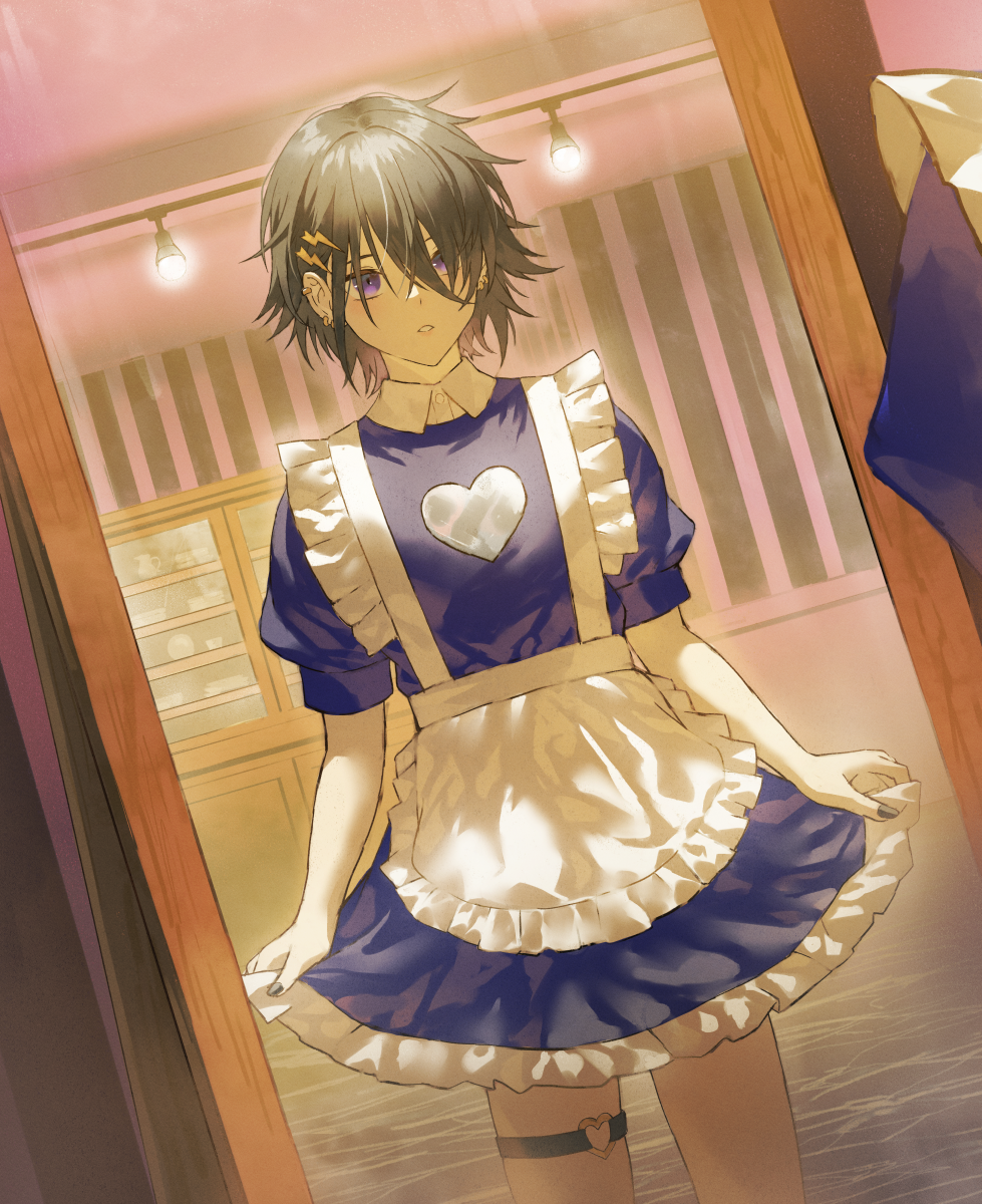 1boy alternate_costume apron black_hair commentary_request crossdressing crossdressing_(mtf) dress enmaided fagi_(kakikaki) hair_ornament highres holostars indoors kanade_izuru lightning_bolt lightning_bolt_hair_ornament lightning_bolt_symbol maid maid_apron male_focus parted_lips purple_dress purple_eyes reflection reflection_focus short_hair solo thigh_strap virtual_youtuber waist_apron white_apron