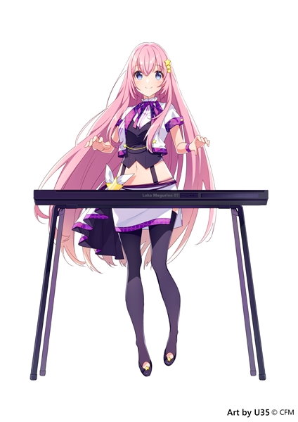 1girl artist_name black_footwear black_thighhighs blue_eyes closed_mouth copyright_notice cropped_shirt full_body hair_between_eyes hair_ornament instrument keyboard_(instrument) megurine_luka navel official_art pink_hair shirt side_slit simple_background skirt smile solo standing star_(symbol) star_hair_ornament tachi-e thighhighs u35 vocaloid white_background white_shirt white_skirt