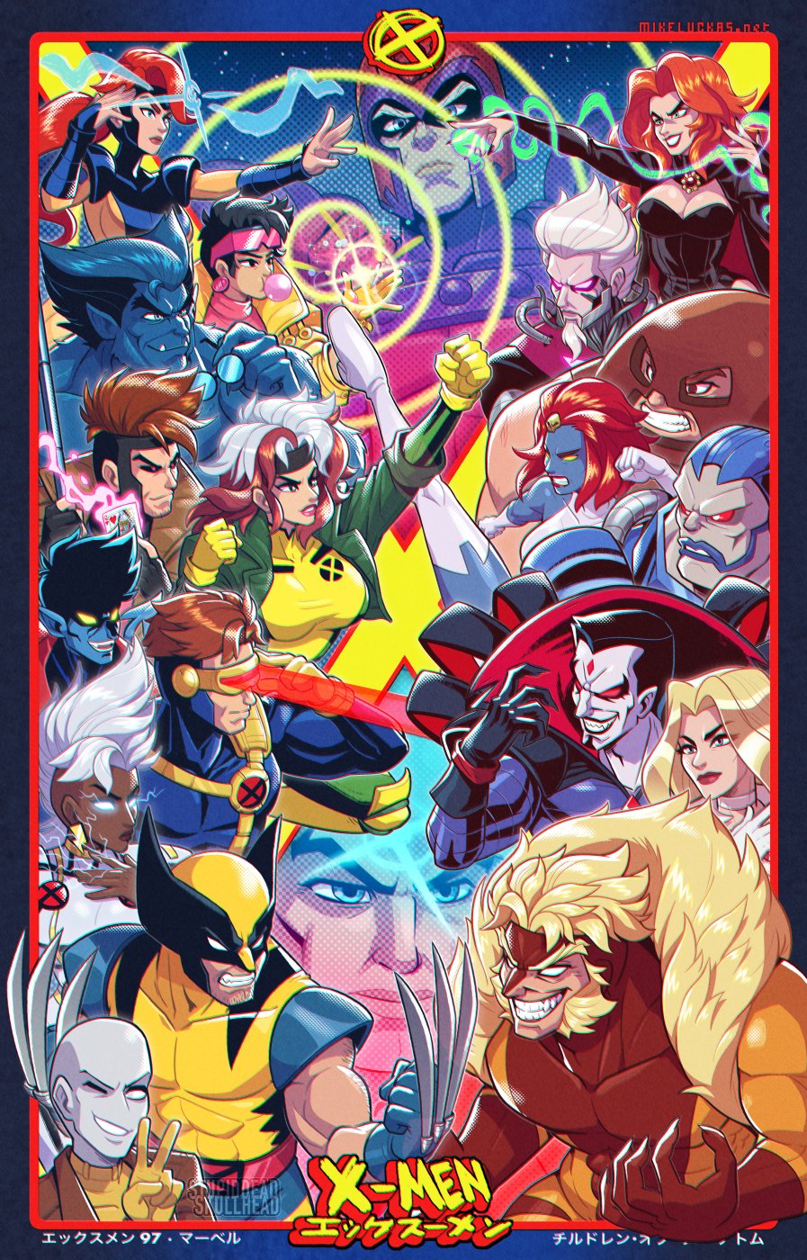6+boys 6+girls apocalypse_(marvel) beast_(x-men) belt bishop_(x-men) bodysuit breasts brown_hair character_request check_character claw_(weapon) claws copyright_request cyclops_(x-men) colored_bangs emma_frost gambit gloves green_bodysuit green_eyes green_headband headband highres jacket jean_grey jubilee juggernaut_(x-men) large_breasts leather leather_jacket long_hair loose_belt madelyne_pryor magneto makeup marvel mike_luckas morph_(x-men) multicolored_bodysuit multicolored_hair multiple_boys multiple_girls rogue_(x-men) storm_(x-men) superhero_costume two-tone_bodysuit two-tone_hair weapon white_hair wolverine_(x-men) x-men x-men:_the_animated_series yellow_bodysuit yellow_gloves