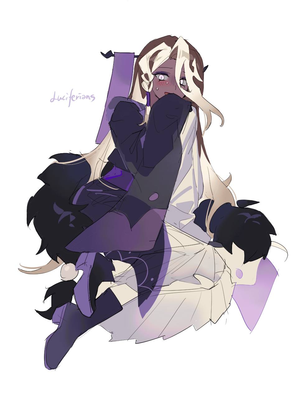 1boy :d affogato_cookie alternate_hair_length alternate_hairstyle androgynous asymmetrical_bangs black_boots black_kimono blush boots braid brown_hair colored_shoe_soles colored_tips cookie_run cookie_run:_kingdom dark-skinned_male dark_skin eyeshadow full_body hair_between_eyes high_heel_boots high_heels highres humanization japanese_clothes kimono long_hair long_sleeves looking_at_viewer makeup male_focus multicolored_hair open_mouth purple_eyeshadow shime52631 side_braid simple_background single_braid sitting sleeves_past_wrists smile solo sweat trap two-tone_hair very_long_hair white_background white_eyes white_hair wide_sleeves yokozuwari