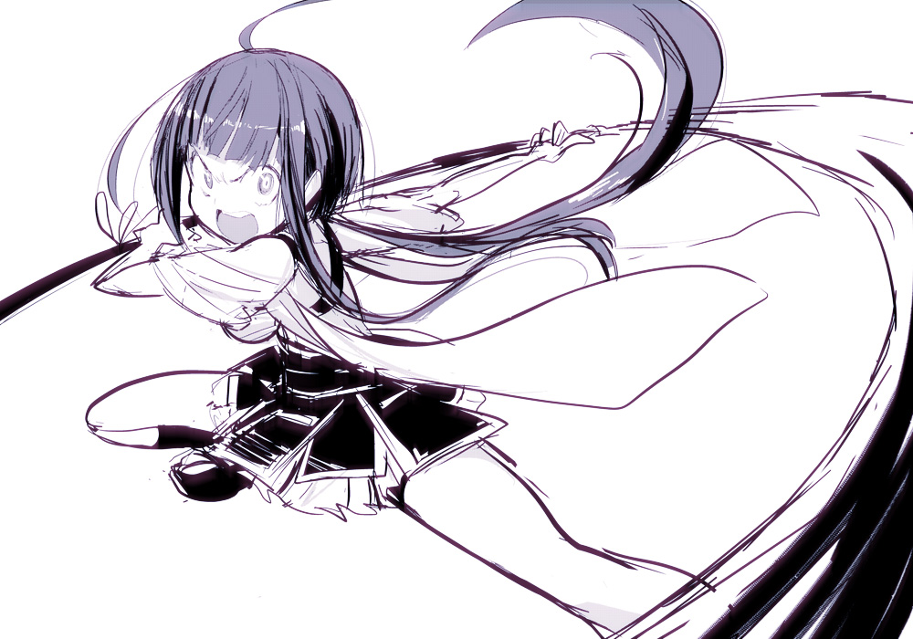 1girl ahoge blunt_bangs commentary_request constricted_pupils dynamic_pose floating_hair holding holding_polearm holding_weapon ken_(koala) long_hair looking_at_viewer magia_record:_mahou_shoujo_madoka_magica_gaiden magical_girl mahou_shoujo_madoka_magica naginata open_mouth polearm sidelocks simple_background solo standing swinging_weapon tatsuki_asuka weapon white_background