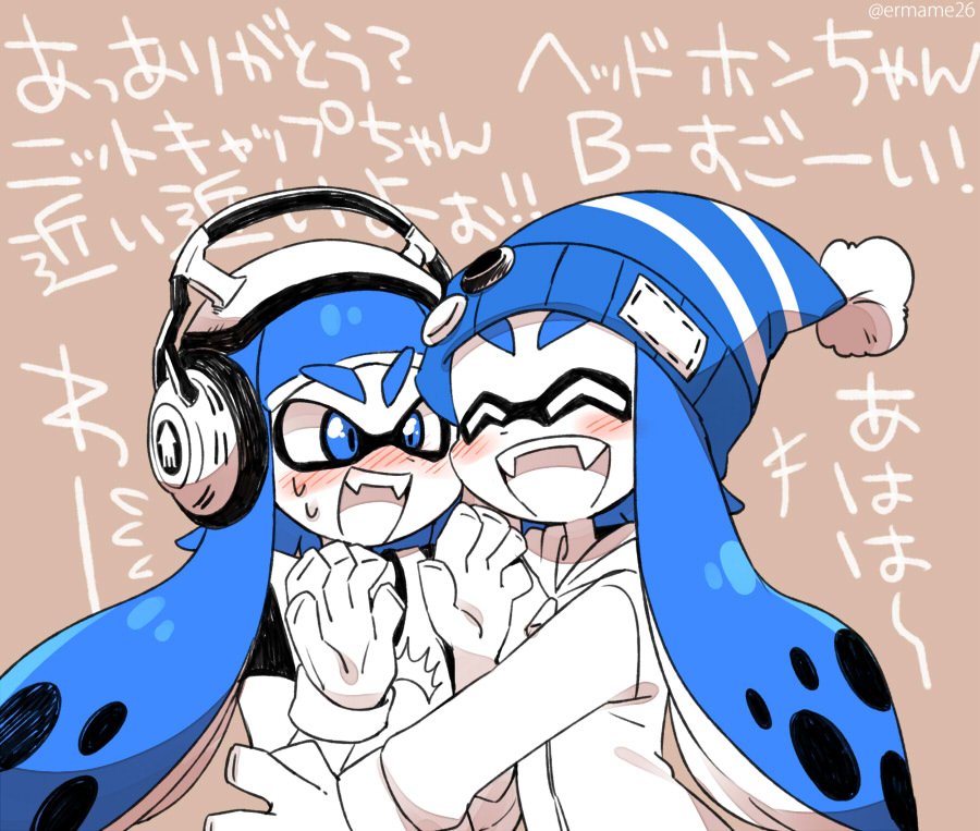 2girls beanie blue_eyes blue_hair bobble-chan_(splatoon) closed_eyes eromame fangs hat headphone-chan_(splatoon) headphones hug inkling inkling_girl inkling_player_character multiple_girls nintendo open_mouth splatoon_(manga) splatoon_(series) splatoon_1 tentacle_hair yuri