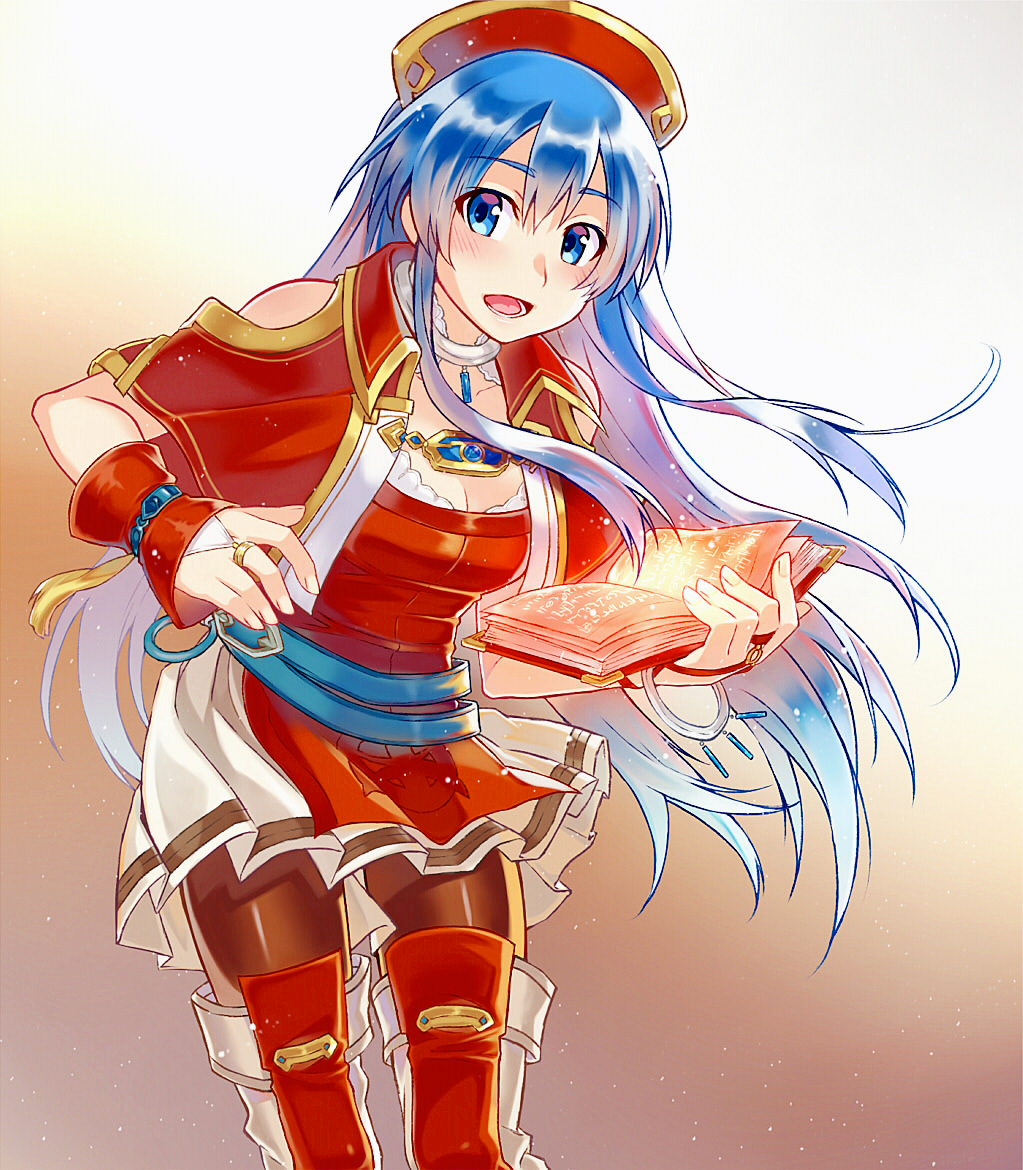 1girl bare_shoulders black_pantyhose blue_eyes blue_hair blush book boots breasts capelet cleavage cowboy_shot dress female_focus fingerless_gloves fire_emblem fire_emblem:_the_binding_blade fire_emblem_heroes gloves glowing hat jewelry lilina_(fire_emblem) long_hair looking_at_viewer medium_breasts nintendo open_mouth pantyhose ring smile solo standing thigh_boots thighhighs yuki_(sumaburalove)