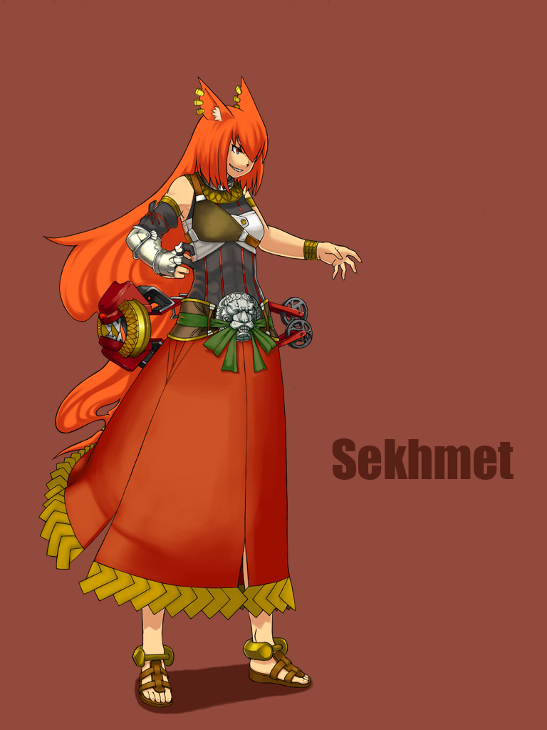 1girl animal_ear_fluff animal_ears brown_background character_request commentary_request dress ear_piercing egyptian_mythology full_body gauntlets grin long_dress long_hair muneate orange_eyes orange_hair piercing rinx sandals sekhmet_(mythology) sharp_teeth sleeveless sleeveless_dress smile solo teeth very_long_hair wristband