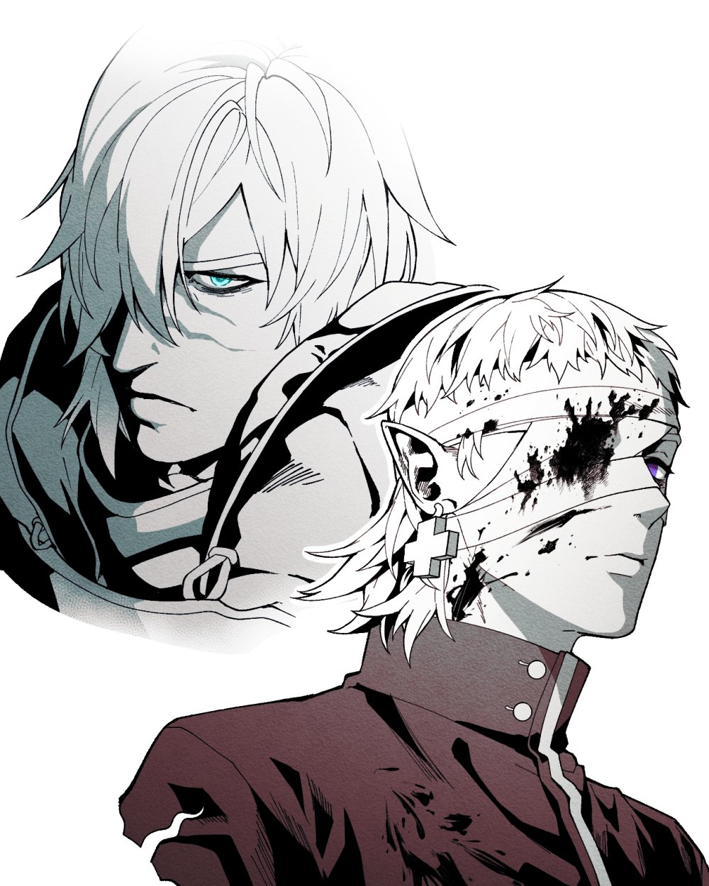 2boys alchemy_stars bandages bandage_over_one_eye bandages blood bloody_bandages blue_eyes closed_mouth commentary constantine_(alchemy_stars) cross cross_earrings earrings hair_over_one_eye high_collar highres jacket jewelry looking_at_viewer male_focus monochrome multiple_boys nails_(alchemy_stars) ng_haeng partially_colored pointy_ears portrait purple_eyes scar scar_on_face scar_on_nose short_hair simple_background spot_color white_background