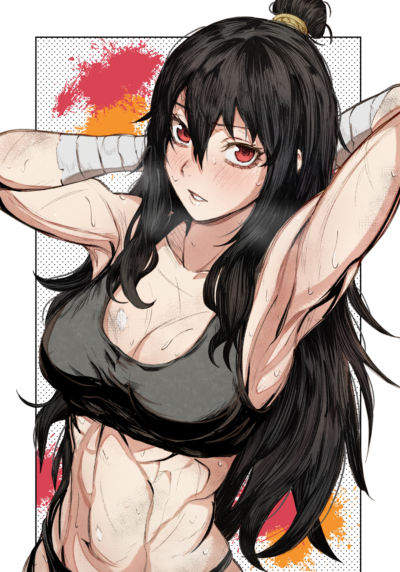 1girl abs arm_wrap armpits arms_behind_head arms_up bare_shoulders black_border black_bra black_hair black_panties blush border bra breasts cleavage collarbone commentary english_commentary greyscale hair_between_eyes highres library_of_ruina long_hair looking_at_viewer medium_breasts midriff monochrome muscular muscular_female navel nb8c open_mouth outside_border panties parted_lips project_moon red_eyes sidelocks simple_background solo sports_bra spot_color stomach sweat toned toned_female underwear upper_body very_long_hair white_background xiao_(project_moon)