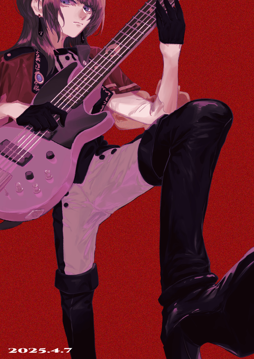 1girl bang_dream! bang_dream!_it&#039;s_mygo!!!!! bass_guitar black_boots black_gloves black_hair black_vest blue_eyes boots capelet commentary_request dated diagonal_bangs doanobu8817 earrings gloves half_gloves high_heel_boots high_heels highres holding holding_bass_guitar holding_instrument instrument jewelry medium_hair music pants parted_bangs playing_bass_guitar playing_instrument red_background red_capelet revision see-through_clothes see-through_sleeves simple_background solo thigh_boots timoris_(bang_dream!) two-tone_pants vest yahata_umiri