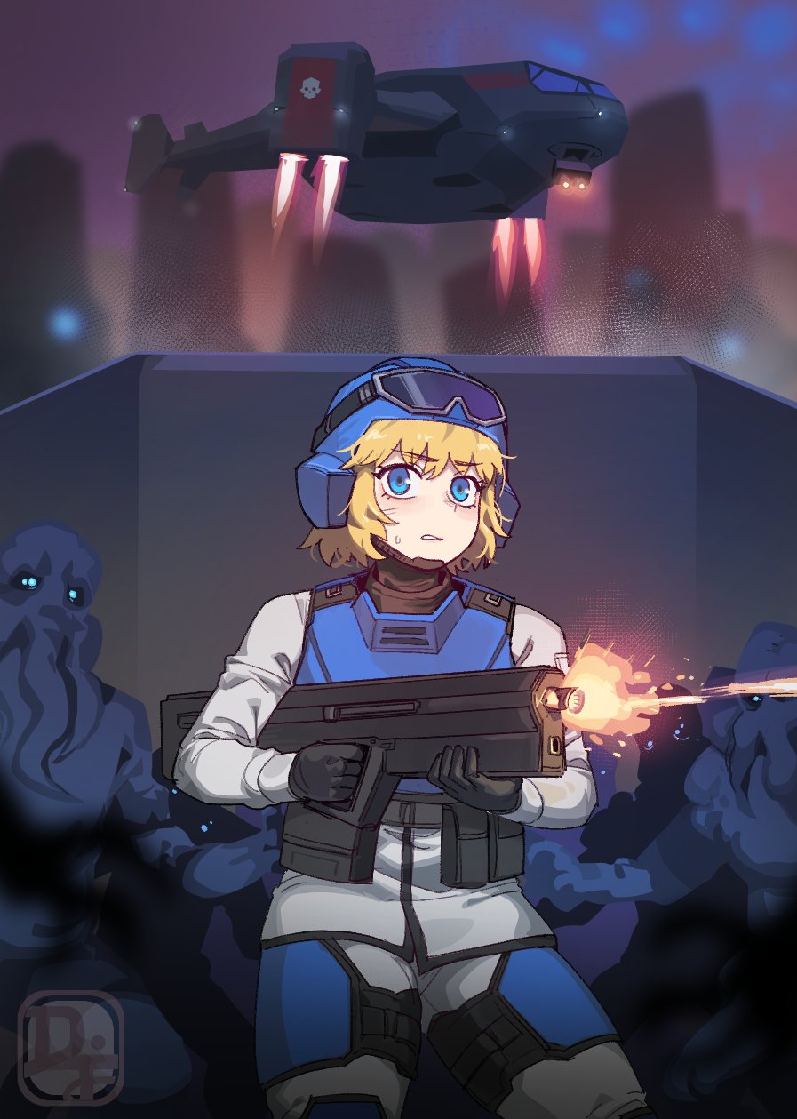 1girl ammunition_belt ammunition_pouch assault_rifle black_gloves blonde_hair blue_eyes bullpup cityscape difman gloves goggles goggles_on_headwear gun helldivers_(series) helmet highres illuminate_(helldivers) military_uniform pelican_1_(helldivers) pouch rifle seaf_soldier_(helldivers) signature solo spacecraft sweat thrusters weapon
