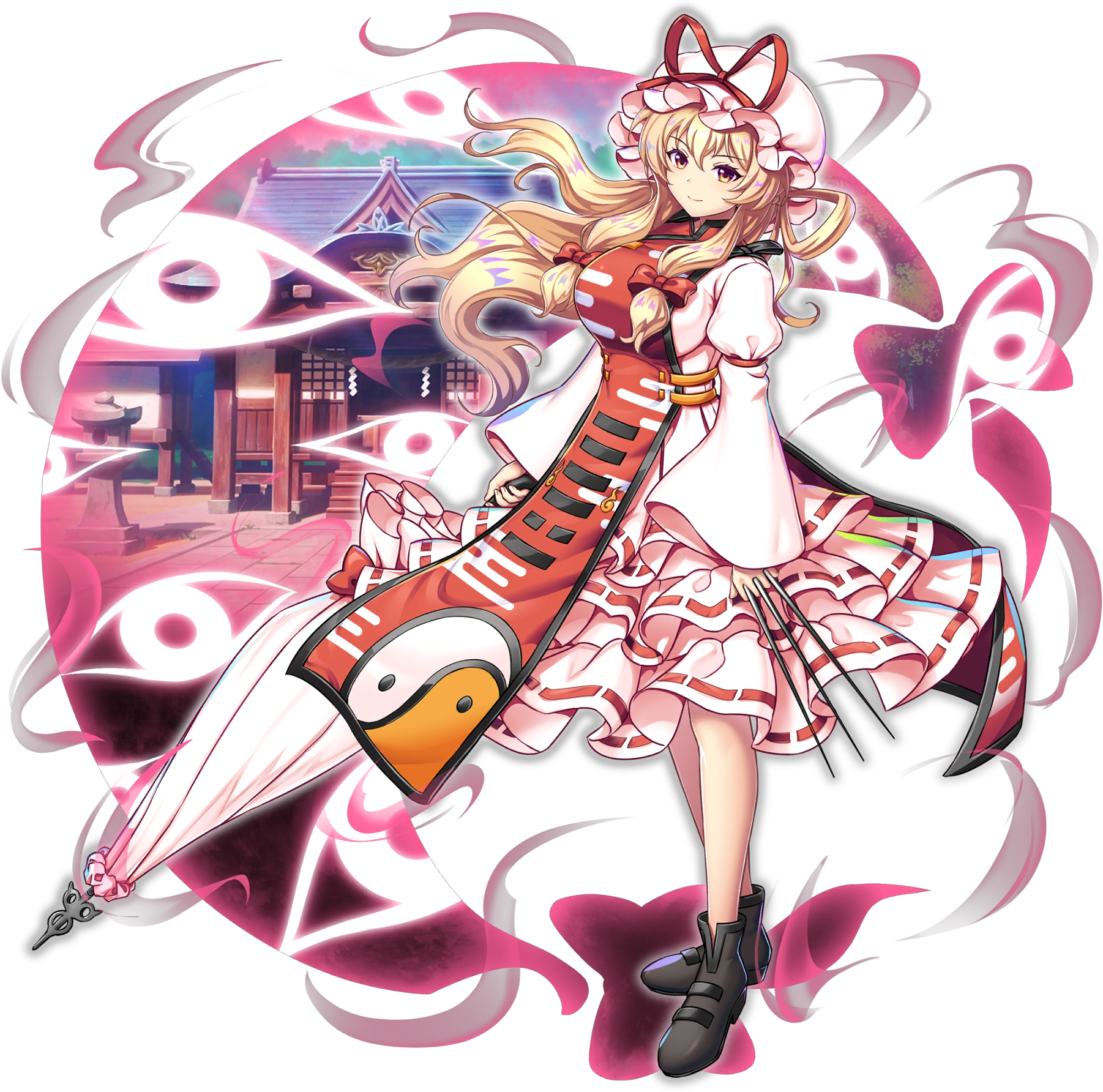 1girl alternate_color blonde_hair bow breasts brown_shoes building closed_mouth closed_umbrella dress embodiment_of_scarlet_devil frilled_dress frills full_body game_cg gap_(touhou) hair_bow hakurei_shrine hat hat_ribbon highres holding holding_needle holding_umbrella juliet_sleeves large_breasts long_hair long_sleeves looking_at_viewer mob_cap needle official_art parasol puffy_sleeves red_bow red_ribbon red_tabard ribbon ribbon-trimmed_dress ribbon_trim rotte_(1109) shoes sidelocks smile solo stone_lantern tabard third-party_source throwing_needles touhou touhou_lostword transparent_background trigram umbrella white_dress white_hat wide_sleeves yakumo_yukari yakumo_yukari_(scarlet) yellow_eyes yin_yang yin_yang_print
