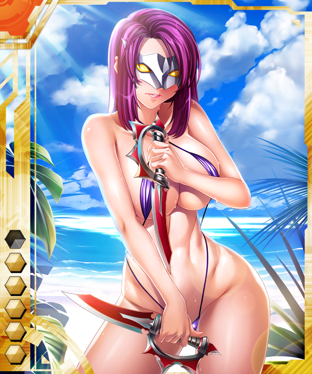 00s 1girl beach breasts card_(medium) card_(orange-ur) card_(ur) day kagami_hirotaka koukawa_oboro large_breasts lilith-soft linea_alba mask oboro_(taimanin_asagi) ocean outdoors purple_hair sand swimsuit taimanin_(series) taimanin_asagi taimanin_asagi_battle_arena_all_card_gallery taimanin_asagi_kessen_arena weapon
