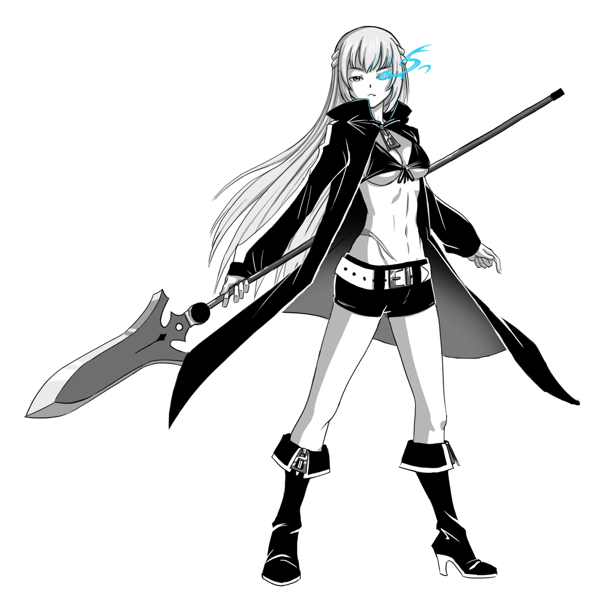 1girl bikini bikini_top_only black_rock_shooter black_rock_shooter_(character) black_rock_shooter_(cosplay) blue_fire boots bra cosplay enmouno female_focus fire glowing glowing_eye greyscale half_updo high_heel_boots high_heels highres jacket long_hair monochrome neptune_(series) open_clothes open_jacket polearm short_shorts shorts solo spear swimsuit underwear vert_(neptunia) weapon