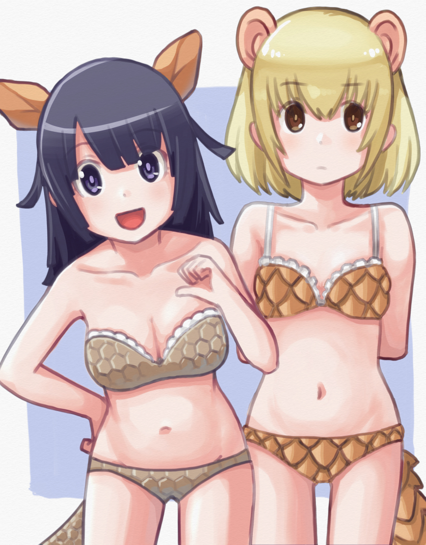 2girls :d adapted_costume armadillo_ears armadillo_tail arms_behind_back bare_arms bare_shoulders bikini black_hair blonde_hair blue_background blunt_bangs breasts brown_eyes collarbone cowboy_shot expressionless extra_ears frilled_bikini frills giant_armadillo_(kemono_friends) giant_pangolin_(kemono_friends) hair_between_eyes hand_on_own_hip kemono_friends leaning_to_the_side long_hair looking_at_viewer medium_breasts multiple_girls murakami_kou_(raye) navel open_mouth pangolin_ears pangolin_tail pointing pointing_at_self purple_eyes short_hair simple_background smile swimsuit tail
