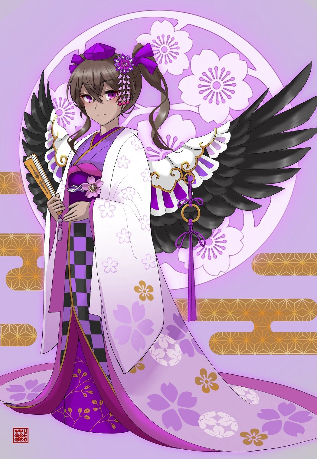1girl aoiueo12 bird_wings black_kimono black_wings brown_hair checkered_clothes checkered_kimono closed_mouth commentary_request feathered_wings flat_chest floral_print flower full_body gradient_clothes gradient_kimono hair_ribbon hand_fan happy hat highres himekaidou_hatate holding holding_fan japanese_clothes kimono long_hair long_sleeves multicolored_kimono obi purple_eyes purple_flower purple_hat purple_kimono purple_ribbon purple_sash ribbon sash smile solo tassel tokin_hat touhou twintails white_kimono wide_sleeves wings