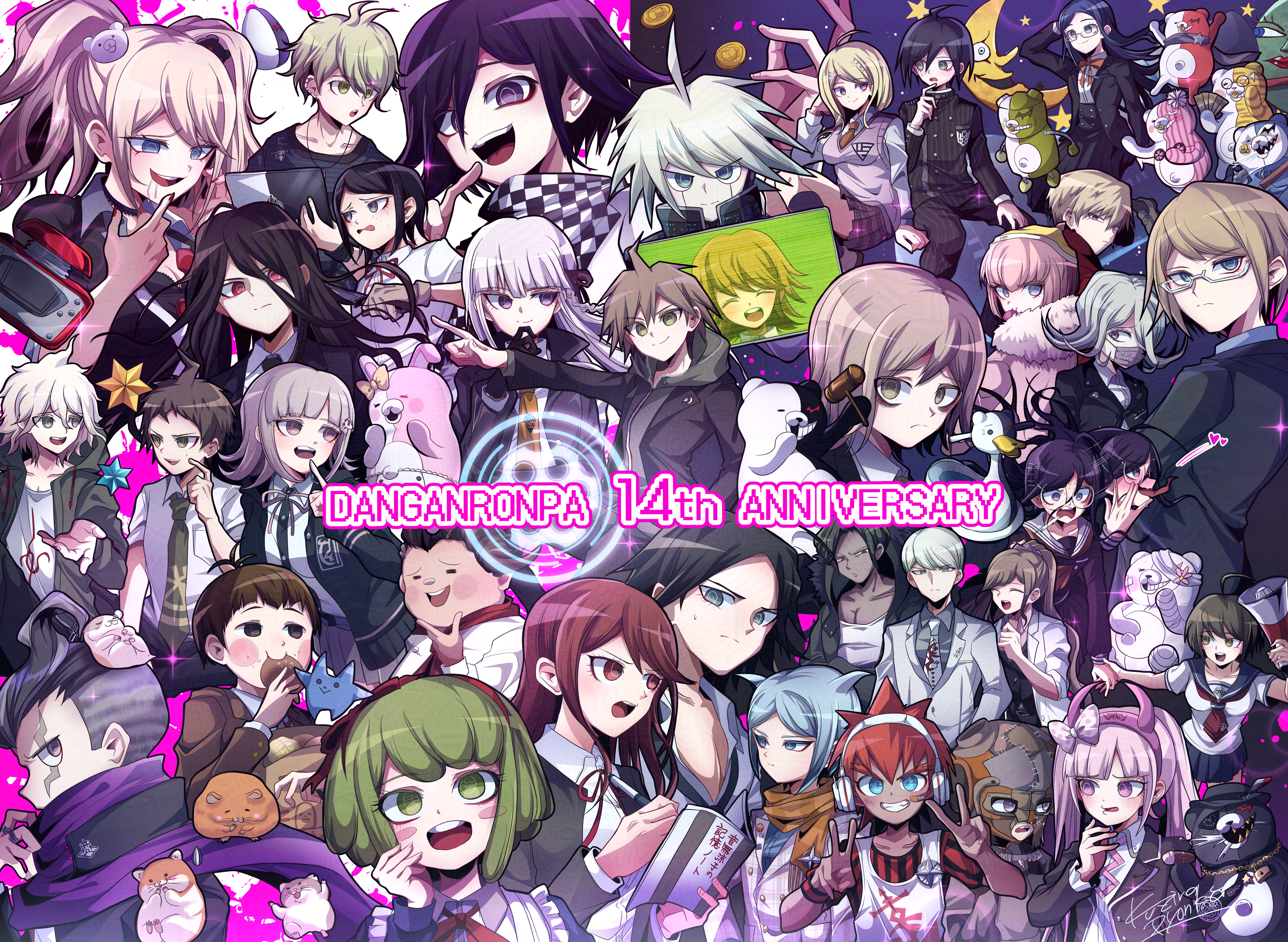 6+boys 6+girls absurdres akamatsu_kaede alter_ego_(danganronpa) amami_rantaro ando_ruruka anniversary black_hair blonde_hair blue_eyes blush_stickers bow bread breasts brown_eyes brown_hair cham-p character_request cleavage collared_shirt commentary_request copyright_name daimon_masaru_(danganronpa) danganronpa danganronpa/zero danganronpa:_trigger_happy_havoc danganronpa_(series) danganronpa_2:_goodbye_despair danganronpa_3_(anime) danganronpa_another_episode:_ultra_despair_girls danganronpa_v3:_killing_harmony double_v enoshima_junko flower food fukawa_toko galaga gavel genocider_shou glasses green_eyes green_hair hamster hanamura_teruteru hat heart highres hinata_hajime ikusaba_mukuro izayoi_sounosuke jum-p k1-b0 kamukura_izuru kemuri_jataro kimura_seiko kirigiri_kyoko komaeda_nagito kujira_pyon_ka kurokuma_(danganronpa) maga-g mask matsuda_yasuke mitarai_ryota monodam monokid monokuma monomi_(danganronpa) monophanie monosuke monotaro_(danganronpa) mouth_mask multiple_boys multiple_girls munakata_kyousuke naegi_komaru naegi_makoto necktie oma_kokichi otonashi_ryouko pen pink_flower pink_hair purple_scarf red_hair saihara_shuichi sailor_collar sakakura_juuzou scarf seed shingetsu_nagisa shirokuma_(danganronpa) shirt skirt spaceship_hair_ornament spotted_bow sun-d sunflower_seed tanaka_gundham togami_byakuya towa_monaca twintails utsugi_kotoko v yukizome_chisa