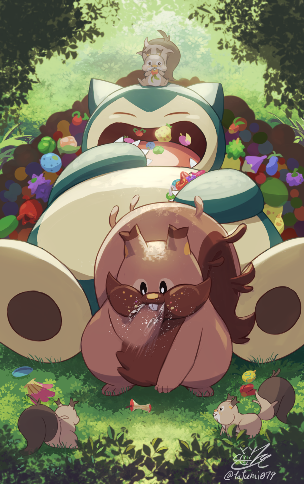 apple apple_core berry_(pokemon) claws closed_eyes commentary_request day eating fang food fruit game_freak gen_1_pokemon gen_8_pokemon grass greedent highres motion_blur nintendo no_humans on_head open_mouth outdoors pokemon pokemon_(creature) pokemon_on_head signature skwovet snorlax tatsumi_(panneko) tongue
