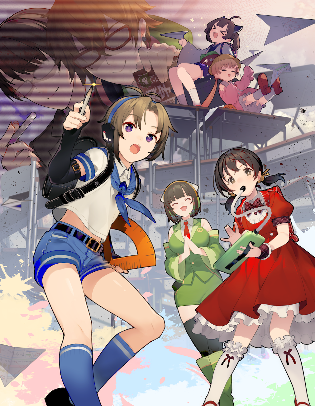 &gt;_&lt; 3boys 4girls backpack bag black_hair blonde_hair bloomers blue_socks blush breasts brown_hair chalk closed_eyes commentary desk detached_sleeves dress glass glasses hat headgear headphones highres hiyama_kiyoteru holding holding_paper_airplane japanese_clothes kaai_yuki kneehighs kyoumachi_seika large_breasts long_hair minase_kou multiple_boys multiple_girls opaque_glasses open_mouth paper_airplane pencil randoseru red_dress sailor_collar scanlines school_desk school_hat school_uniform serafuku shirinda_fureiru short_hair shorts socks sparkle sunglasses touhoku_kiritan tsukuyomi_ai tsukuyomi_shouta twintails underwear very_long_hair vocaloid voiceroid white_legwear