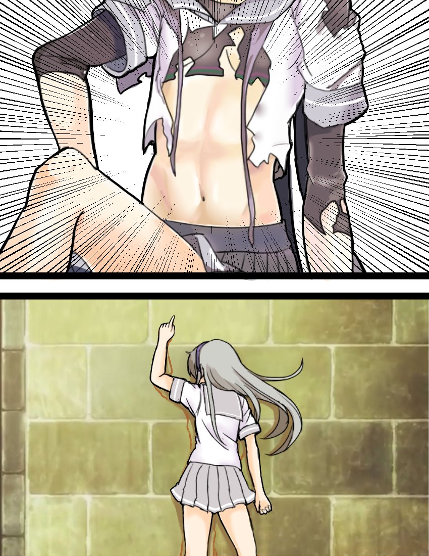 2girls amagiri_(kancolle) atsushi_(aaa-bbb) grey_hair gundam gundam_tekketsu_no_orphans kantai_collection long_hair meme multiple_girls parody pointing sagiri_(kancolle) school_uniform serafuku shirt skirt torn_clothes torn_shirt undershirt very_long_hair
