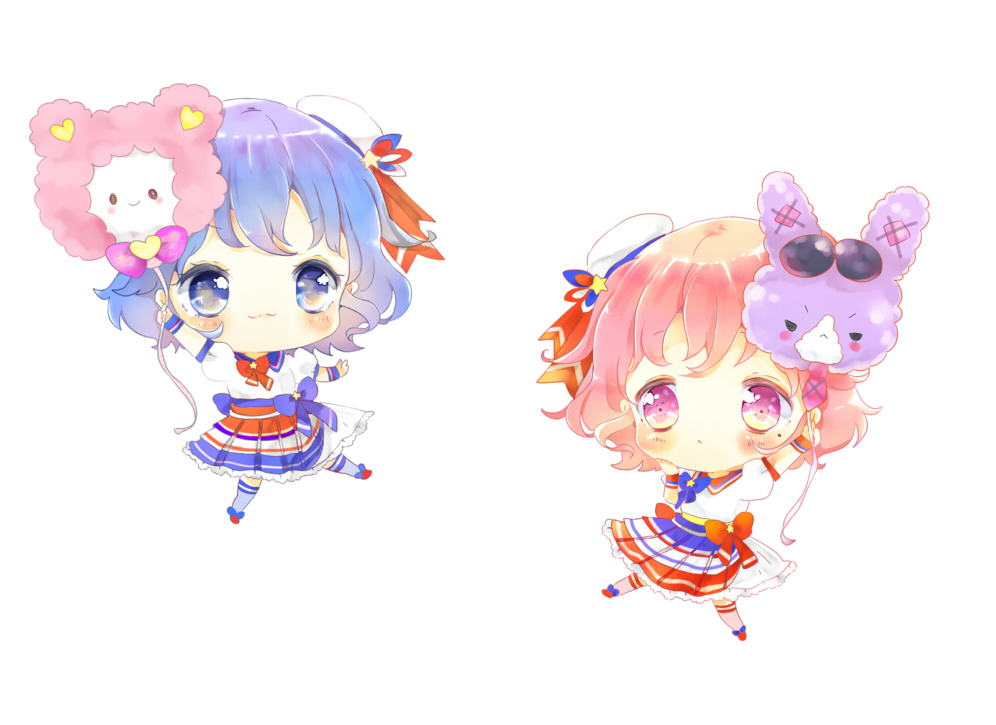 1boy 1girl :3 aika_(hikariai66) balloon blue_eyes blue_hair blue_legwear blue_neckwear blush bow bowtie brother_and_sister character_balloon chibi commentary_request crossdressing dorothy_west hat hat_ribbon kuma_(pripara) reona_west long_sleeves mole mole_under_eye multicolored_hair pink_eyes pink_hair pretty_series pripara red_legwear red_neckwear red_ribbon ribbon sailor_hat short_hair siblings simple_background standing standing_on_one_leg twins usagi_(pripara) white_background