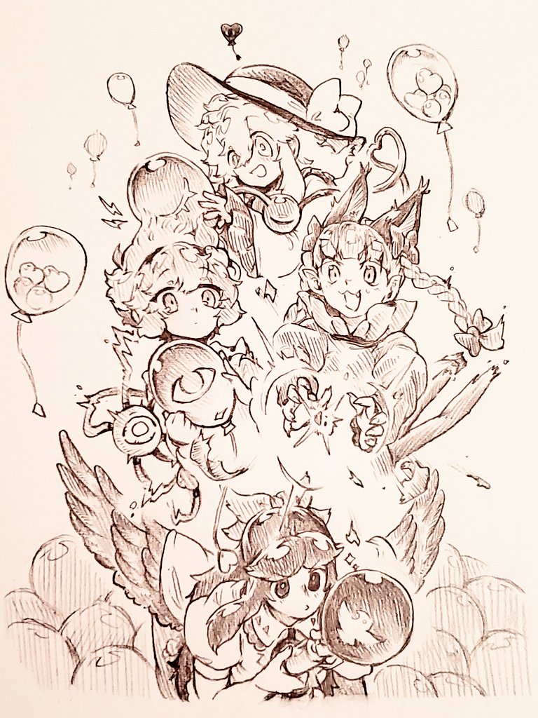 4girls :d animal_ears balloon bird_wings blush bow braid cape cat_ears cat_tail commentary dress fang feathered_wings fingernails graphite_(medium) hair_between_eyes hair_bow hair_ornament hairband hat hat_bow heart heart_hair_ornament holding holding_balloon kaenbyou_rin komeiji_koishi komeiji_satori lightning_bolt_symbol long_hair looking_at_another looking_at_object medium_hair menotama monochrome multiple_girls multiple_tails open_mouth photo_(medium) popping puffy_short_sleeves puffy_sleeves reiuji_utsuho sharp_fingernails shirt short_hair short_sleeves smile static_electricity surprised sweatdrop symbol-only_commentary tail third_eye touhou traditional_media twin_braids two_tails wings