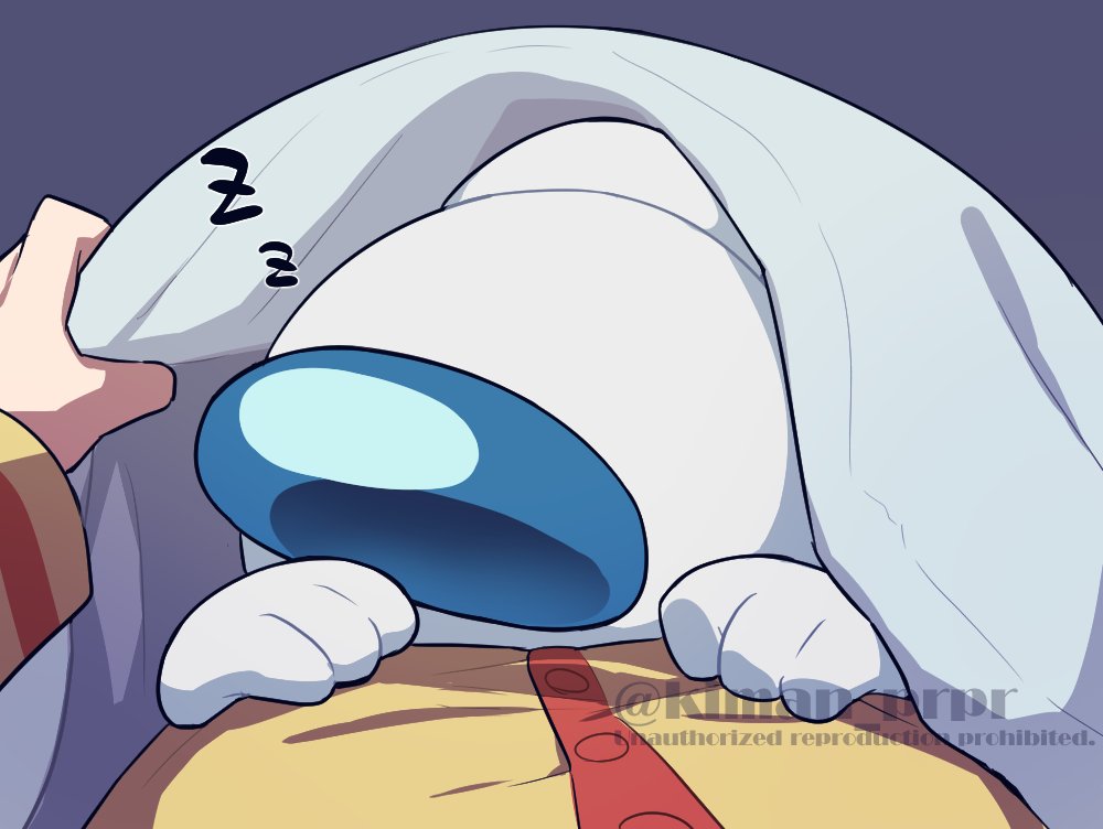 among_us blanket commentary_request crewmate_(among_us) dark_background disembodied_hand holding holding_blanket kiman original out_of_frame pajamas pov spacesuit striped_clothes striped_pajamas they_(kiman) twitter_username watermark white_(among_us) yellow_pajamas zzz