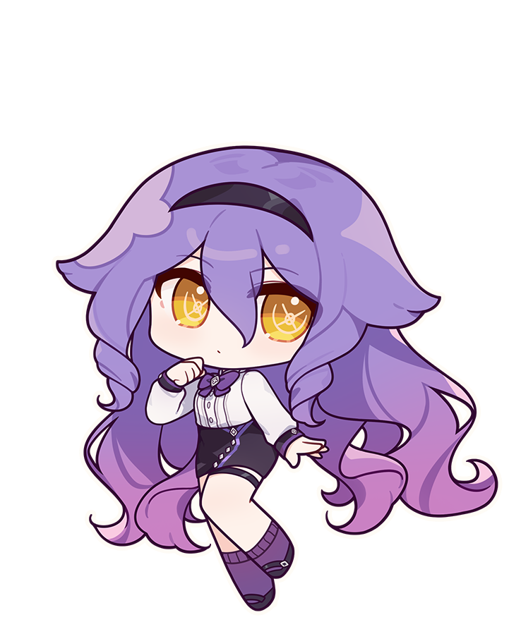 1girl black_skirt bow bowtie chibi closed_mouth eta full_body headband honkai_(series) honkai_impact_3rd long_hair looking_at_viewer official_art purple_bow purple_bowtie purple_hair purple_socks shirt sirin sirin_(magic_academy_uniform) sirin_(miracle_magical_girl) skirt socks solo third-party_source white_shirt yellow_eyes