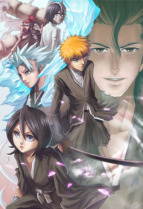 00s 1girl 5boys abarai_renji aizen_sousuke arrancar bankai black_hair bleach blue_eyes brown_hair green_eyes haori hihio_zabimaru hitsugaya_toushirou ice japanese_clothes kuchiki_rukia kurosaki_ichigo multiple_boys nayuki number_tattoo orange_hair shikai sword taichou_haori tattoo ulquiorra_cifer weapon white_hair yellow_eyes zabimaru