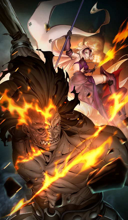 1boy 1girl armor armored_boots armored_skirt armpits banner black_armor black_gauntlets black_hair black_sclera boots bracelet breasts chain clenched_teeth clothing_cutout colored_sclera colored_skin commentary duel dynamic_pose fate/grand_order fate_(series) fire flaming_sword flaming_weapon gauntlets gloves grey_skin headpiece heracles_(fate) holding holding_banner holding_sword holding_weapon jeanne_d&#039;arc_alter_(avenger)_(fate) jeanne_d&#039;arc_alter_(fate) jewelry la_grondement_du_haine large_breasts long_hair mixed-sex_combat muscular muscular_male nameless_axe-sword_(fate) night official_art ookubo_yoshiyuki open_mouth outdoors parted_lips purple_skirt red_eyes sharp_teeth sideless_outfit sidelocks skirt smile stomach_cutout sword teeth thigh_boots third-party_source topless_male very_long_hair weapon white_hair yellow_eyes