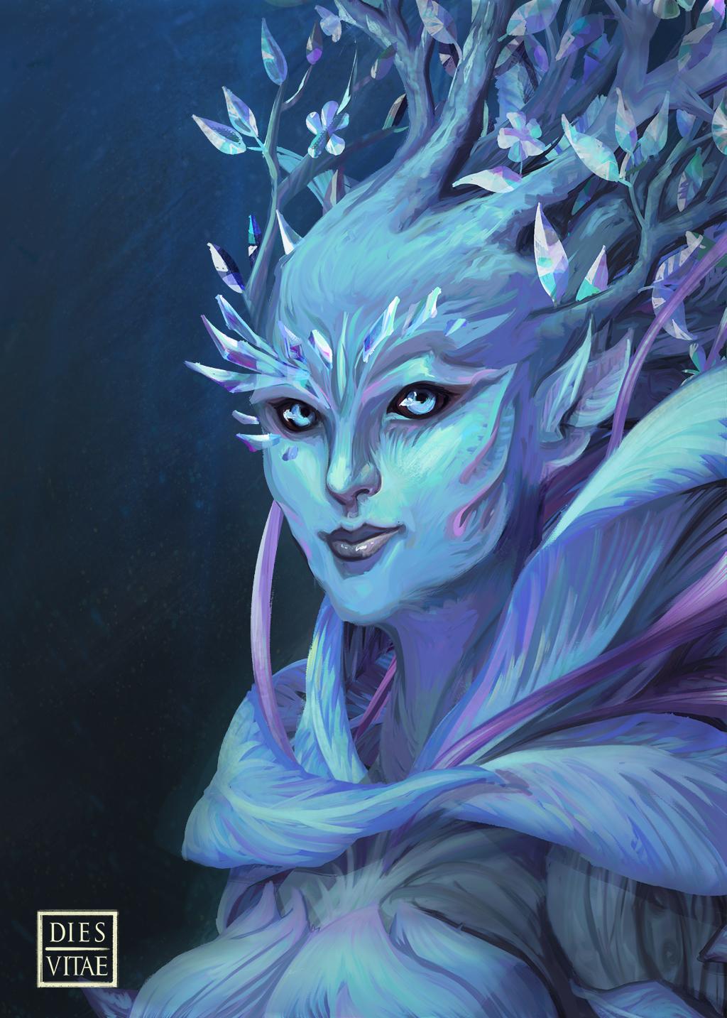artist_name blue_background blue_eyes blue_skin blue_theme breasts colored_skin commentary crystal crystal_hair diesvitae english_commentary flower guild_wars_(series) guild_wars_1 guild_wars_2 highres large_breasts leaf lips looking_up monster_girl plant_girl plant_hair portrait simple_background sylvari