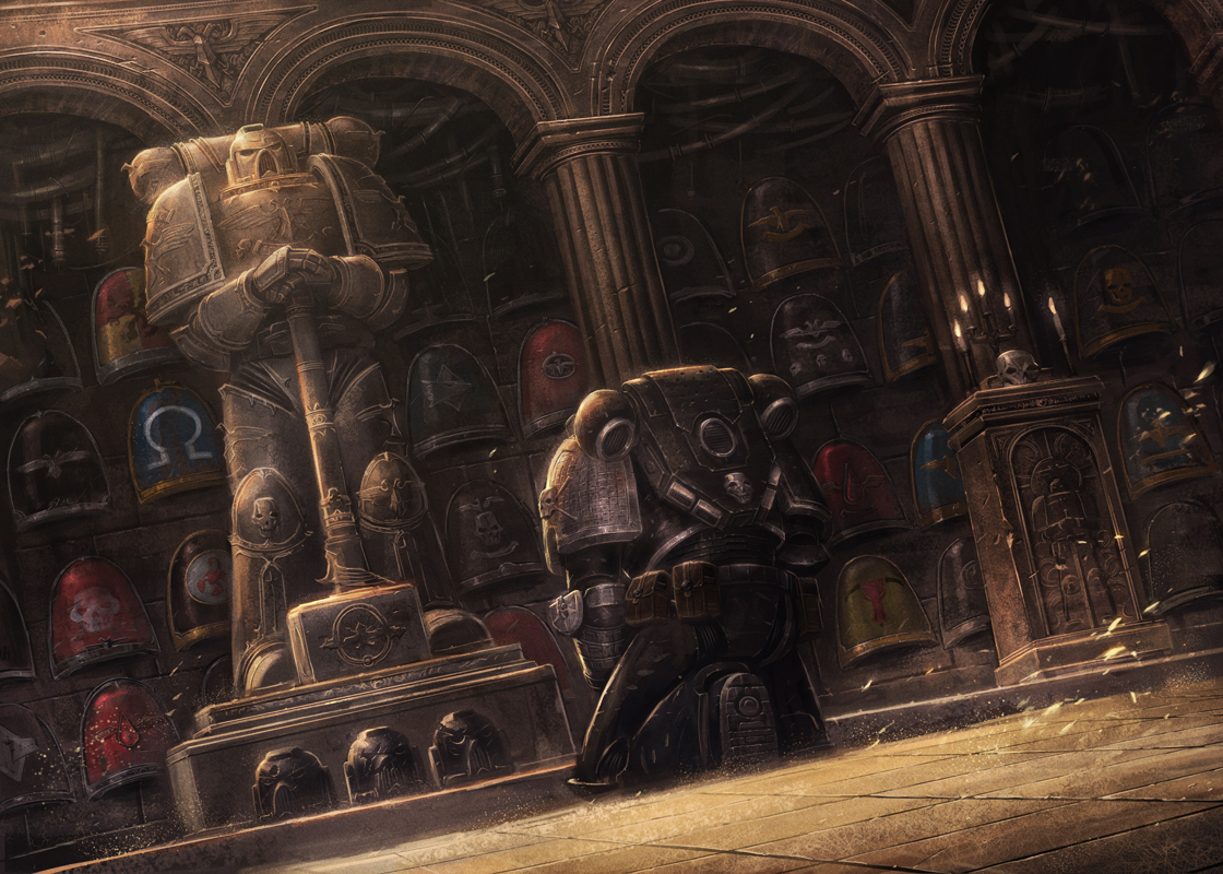 1boy adeptus_astartes ameen_naksewee arch architecture armor armored_boots belt_bag blood_angels boots breastplate brown_bag candelabra candle candlestand column commentary dark deathwatch english_commentary fire full_armor gauntlets greaves greco-roman_architecture grey_armor hammer helmet holding holding_hammer imperial_aquila indoors kneeling male_focus official_art on_floor pauldrons pedestal pillar power_armor red_scorpions shadow shoulder_armor skull_and_crossbones skull_ornament sparkle statue ultramarines unworn_headwear unworn_helmet vambraces war_hammer warhammer_40k weapon